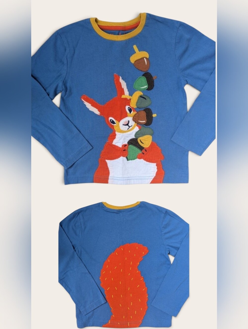 NWOT Mini Boden Blue Long-Sleeve Top with Orange Squirrel & Acorns Size 4-5Y